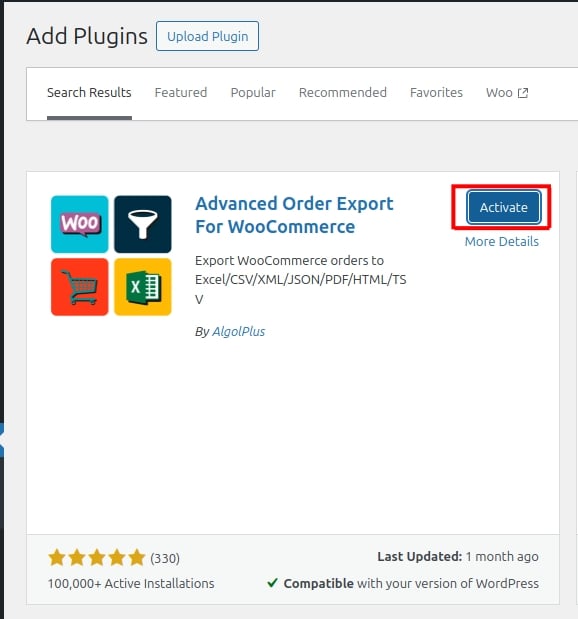 activate advanced order export for woocommerce plugin