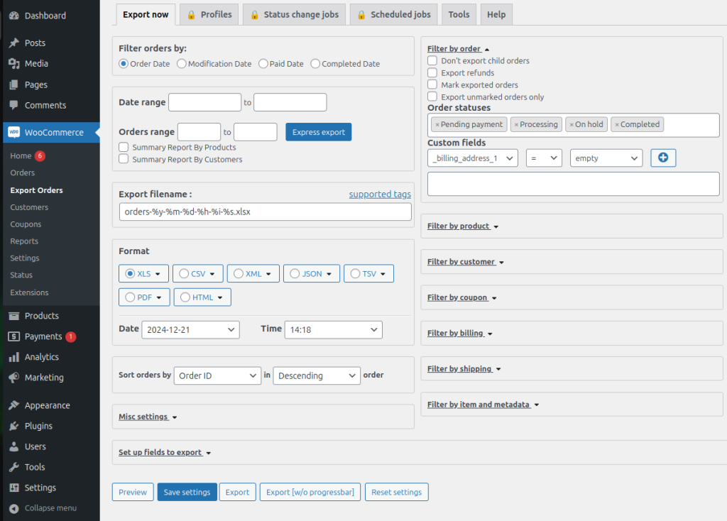 export orders plugin settings