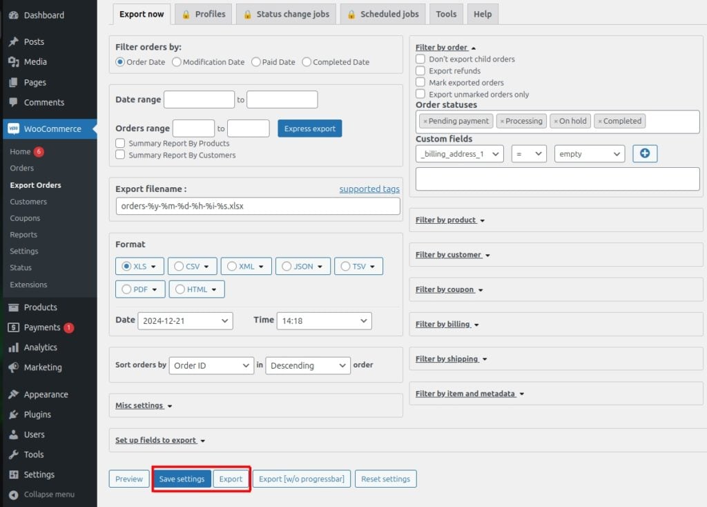 custom export orders settings