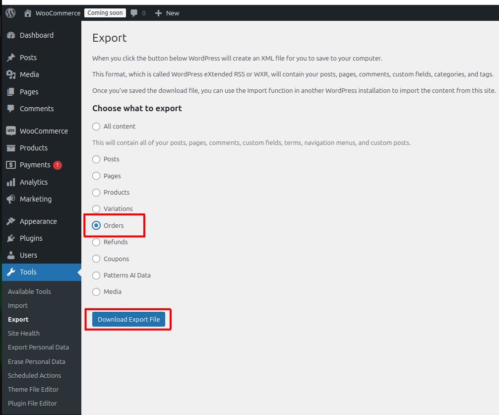 woocommerce download export file