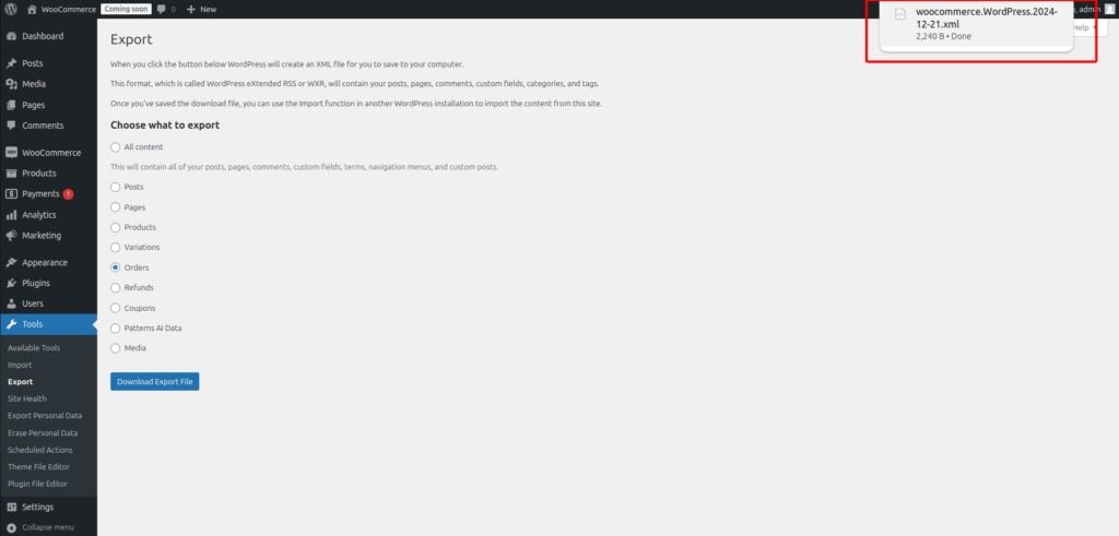 woocommerce export orders