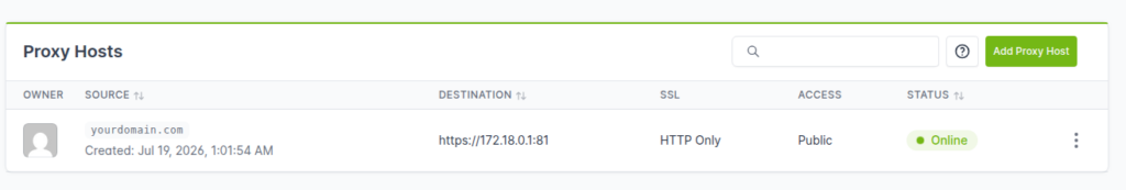 Nginx Proxy Manager as a Reverse Proxy host list